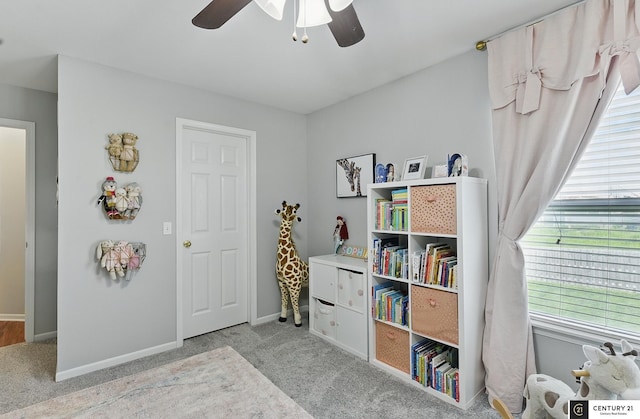2421 Sand Hills Dr, Papillion, NE 68046 - rec room featuring ceiling fan, carpet flooring, and baseboards