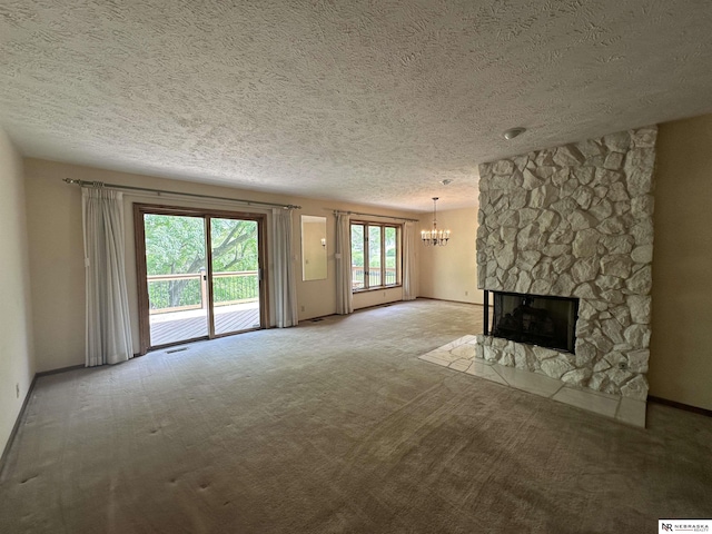 1605 S 113th Plz, Omaha, NE 68144 - unfurnished living room featuring a chandelier, baseboards, light colored carpet, a stone fireplace, and a textured ceiling