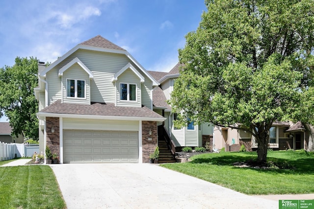 view of front of home featuring brick siding, concrete driveway, an attached garage, and roof with shingles
