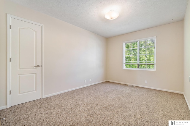 empty room with carpet, baseboards, and a textured ceiling