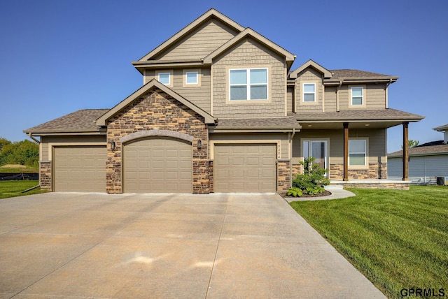 craftsman-style house with a front yard, concrete driveway, stone siding, roof with shingles, and cooling unit