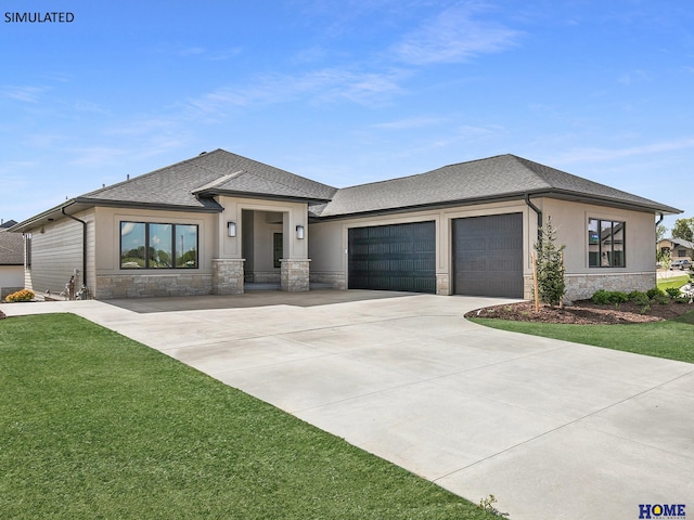 prairie-style house with stone siding, an attached garage, driveway, a shingled roof, and a front yard