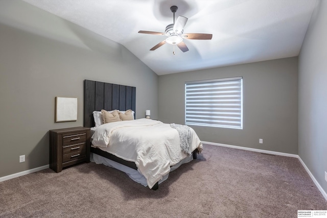 bedroom featuring lofted ceiling, carpet, ceiling fan, and baseboards