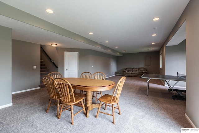 dining area featuring carpet, baseboards, and recessed lighting