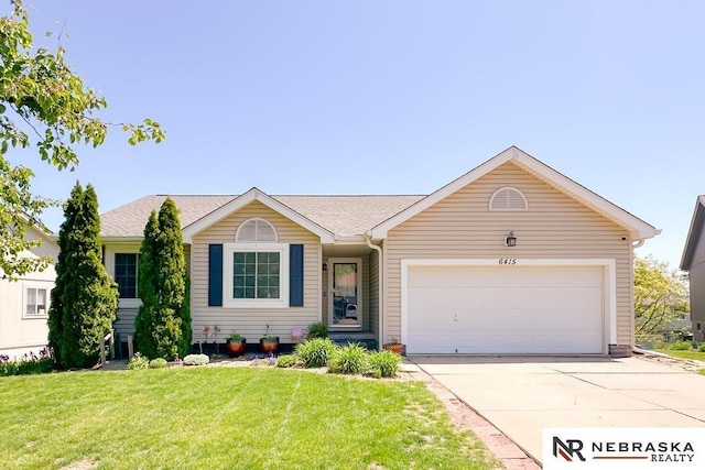 single story home featuring driveway, an attached garage, and a front lawn