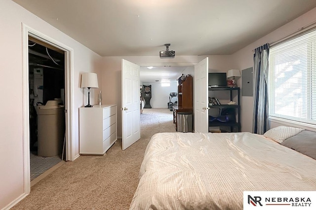 bedroom featuring light colored carpet