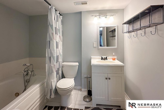 full bath with toilet, a tub, tile patterned flooring, and vanity