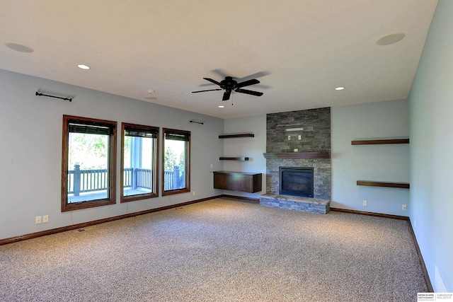 unfurnished living room with carpet flooring, ceiling fan, baseboards, and recessed lighting