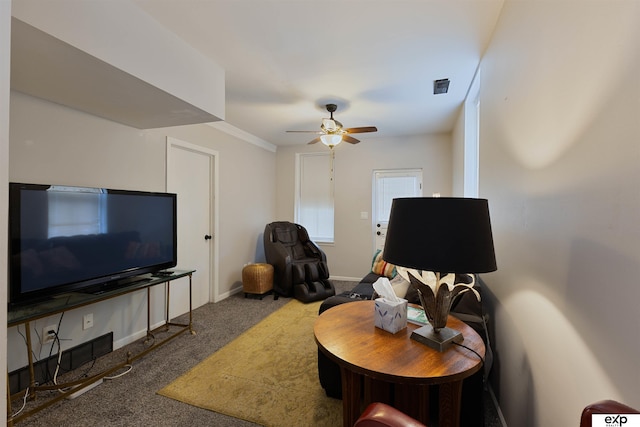 2939 Martha St, Omaha, NE 68105 - carpeted living room featuring ceiling fan and baseboards