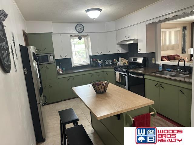 4511 E Eden St, Lincoln, NE 68506 - kitchen featuring green cabinets, stainless steel appliances, a sink, decorative backsplash, and under cabinet range hood