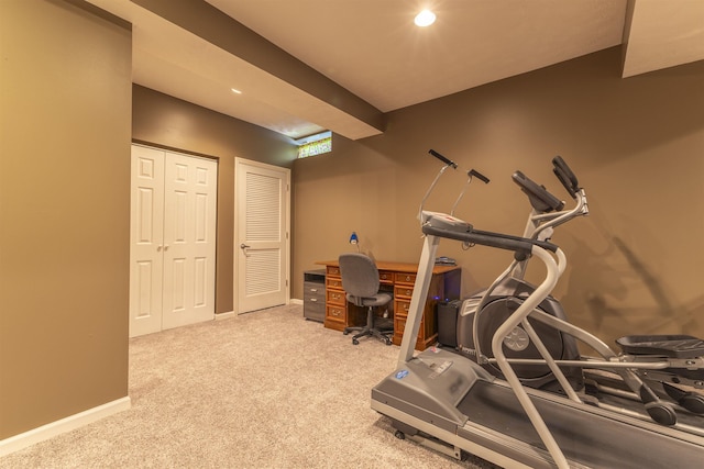 workout area with carpet flooring, baseboards, and recessed lighting