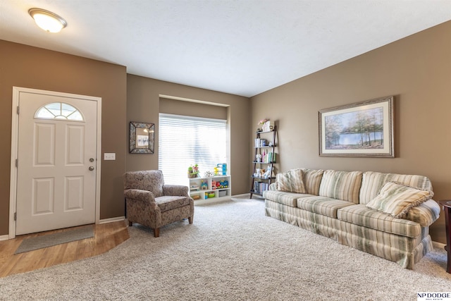 living room with baseboards, carpet, and wood finished floors