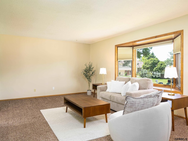 living room featuring carpet flooring and baseboards