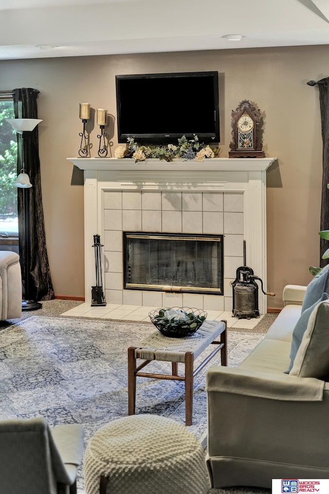 1714 S 14th Circle Dr, Beatrice, NE 68310 - living room featuring a tile fireplace, baseboards, and carpet