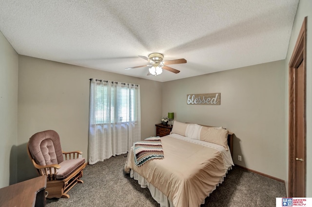 1714 S 14th Circle Dr, Beatrice, NE 68310 - carpeted bedroom featuring ceiling fan, a textured ceiling, and baseboards