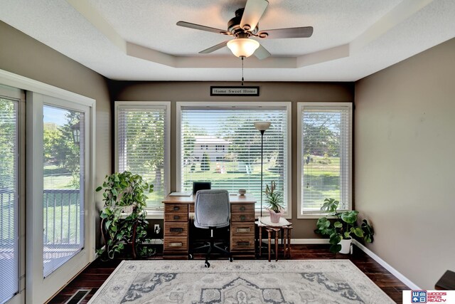 1714 S 14th Circle Dr, Beatrice, NE 68310 - home office with a tray ceiling, ceiling fan, dark wood-type flooring, and baseboards