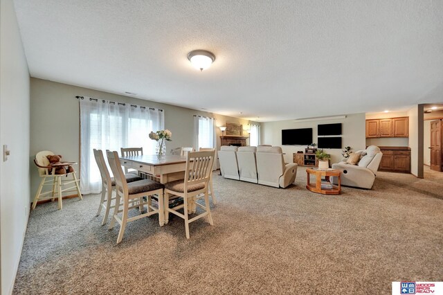 1714 S 14th Circle Dr, Beatrice, NE 68310 - dining room with carpet, a textured ceiling, and a fireplace