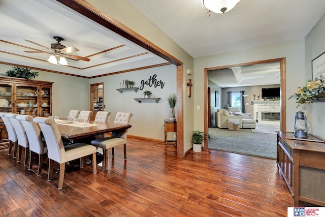 1714 S 14th Circle Dr, Beatrice, NE 68310 - dining area featuring a tile fireplace, a raised ceiling, wood finished floors, a ceiling fan, and baseboards