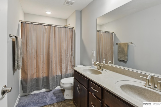 full bath with toilet, double vanity, and shower / bathtub combination with curtain