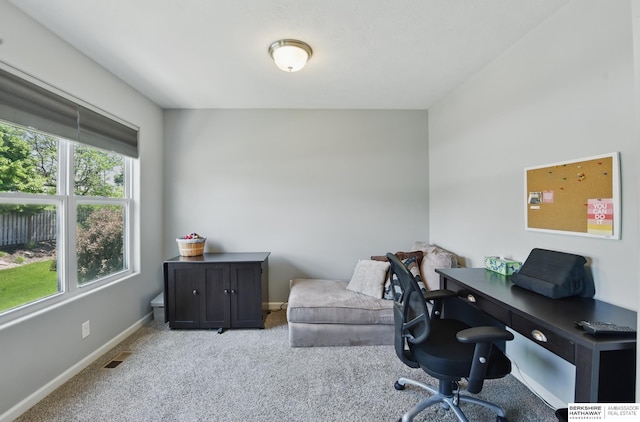home office featuring carpet flooring and baseboards