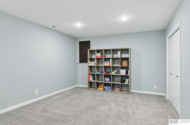 recreation room featuring carpet flooring, baseboards, and recessed lighting