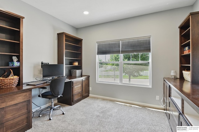 home office with light colored carpet, baseboards, and recessed lighting