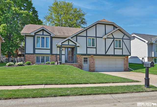 15381 Page St, Omaha, NE 68154 - view of front of house featuring a garage, driveway, brick siding, a front yard, and a shingled roof
