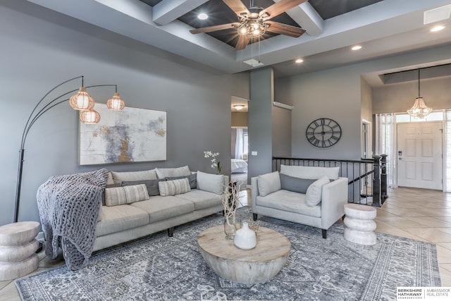 7309 S 196th Cir, Gretna, NE 68028 - living area with a high ceiling, coffered ceiling, ceiling fan, tile patterned flooring, and recessed lighting
