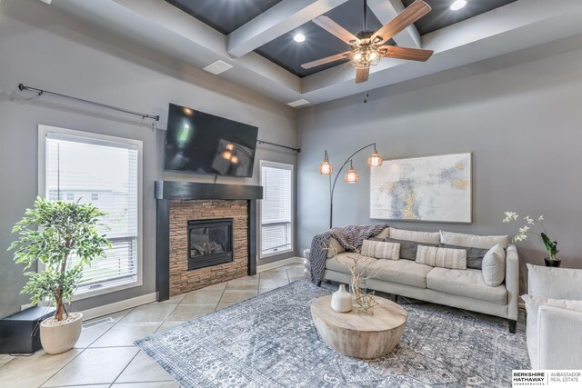 7309 S 196th Cir, Gretna, NE 68028 - tiled living area with coffered ceiling, a ceiling fan, a fireplace, beamed ceiling, and baseboards
