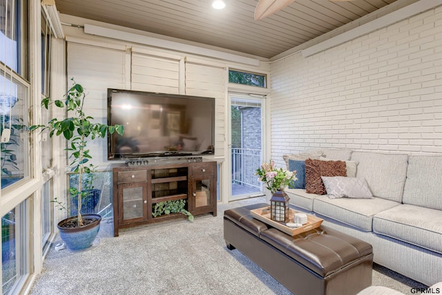 3835 S 179th Ter, Omaha, NE 68130 - living room with brick wall, wood ceiling, and carpet