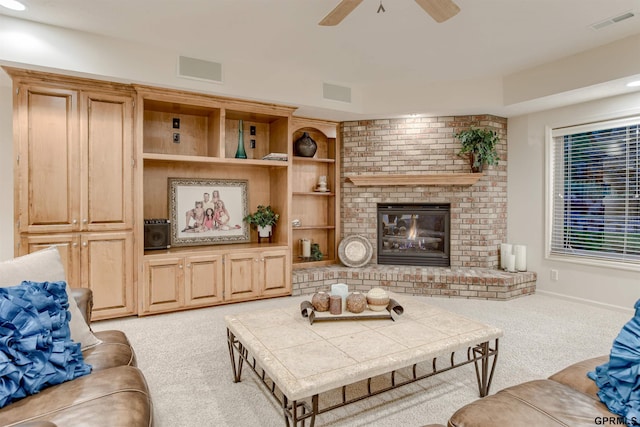 3835 S 179th Ter, Omaha, NE 68130 - living area with light carpet, ceiling fan, and a brick fireplace