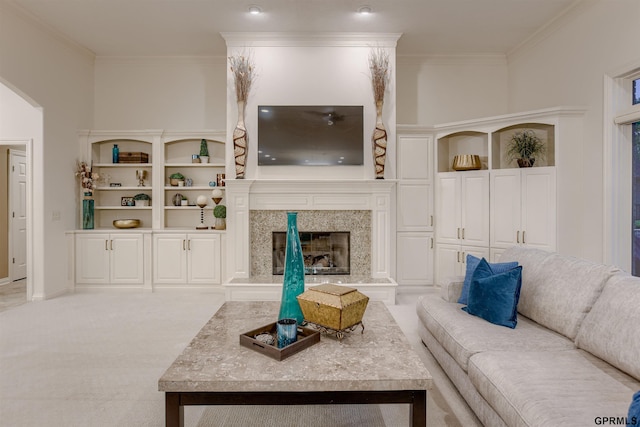3835 S 179th Ter, Omaha, NE 68130 - living area featuring crown molding, a premium fireplace, and carpet flooring