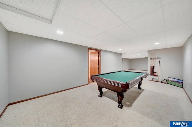2727 N 75th St, Lincoln, NE 68507 - rec room with carpet flooring, billiards table, recessed lighting, baseboards, and a paneled ceiling