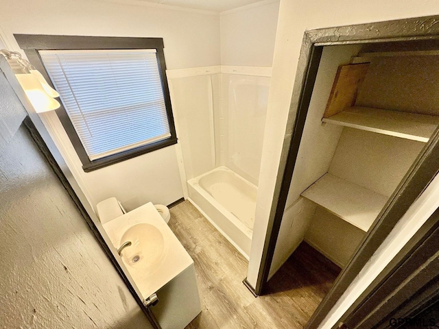 bathroom with wood finished floors, crown molding, and vanity