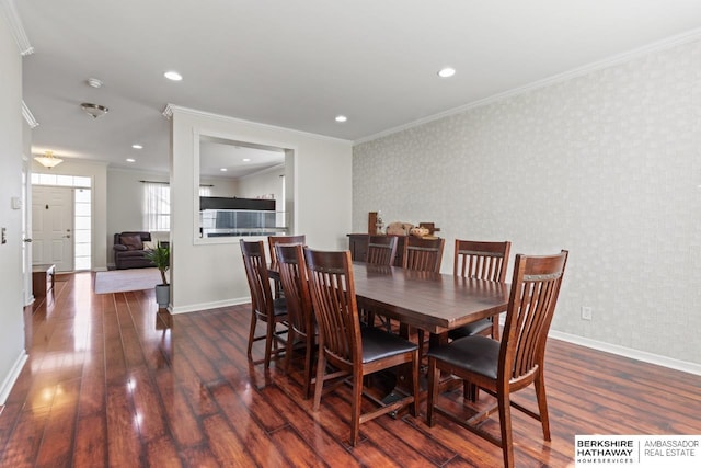 9002 N 156th Ave, Bennington, NE 68007 - dining area with wallpapered walls, wood-type flooring, baseboards, crown molding, and recessed lighting