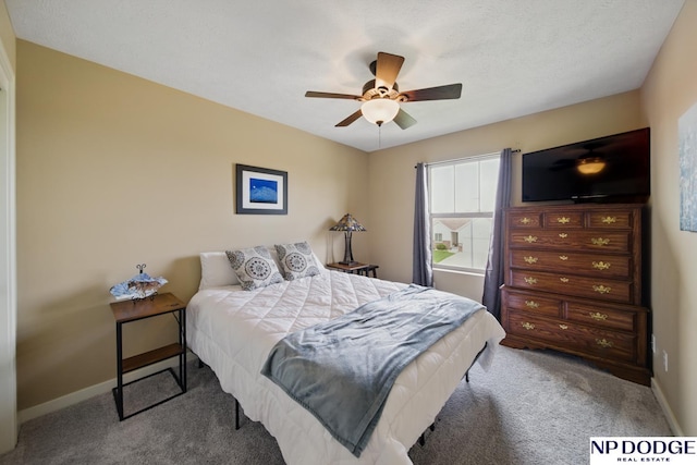 bedroom featuring carpet floors, baseboards, and ceiling fan