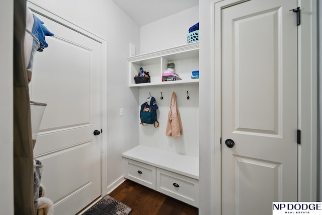 mudroom with dark wood-style floors