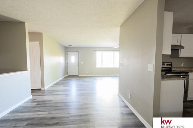 56420 708th Rd, Fairbury, NE 68352 - kitchen featuring stainless steel electric range oven, wood finished floors, white cabinets, baseboards, and a textured ceiling