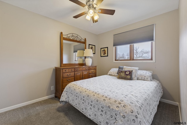 carpeted bedroom with baseboards and a ceiling fan