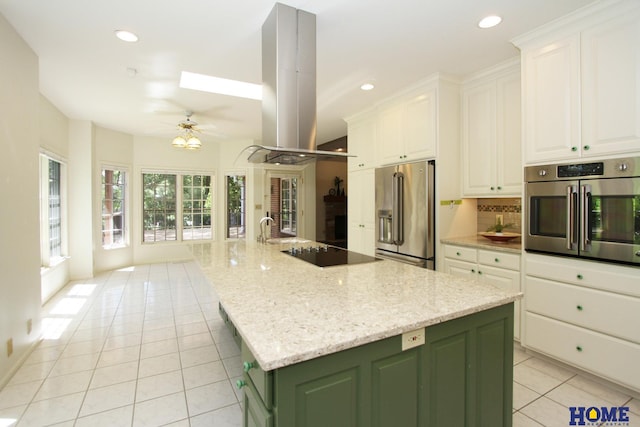 6427 Lone Tree Dr, Lincoln, NE 68512 - kitchen with stainless steel appliances, green cabinets, island range hood, light tile patterned flooring, and a center island with sink