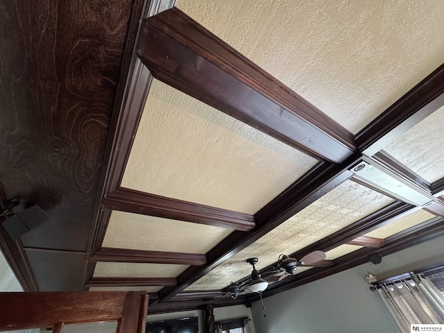 1244 N Elm St, Wahoo, NE 68066 - detailed view of ceiling fan, coffered ceiling, and beamed ceiling