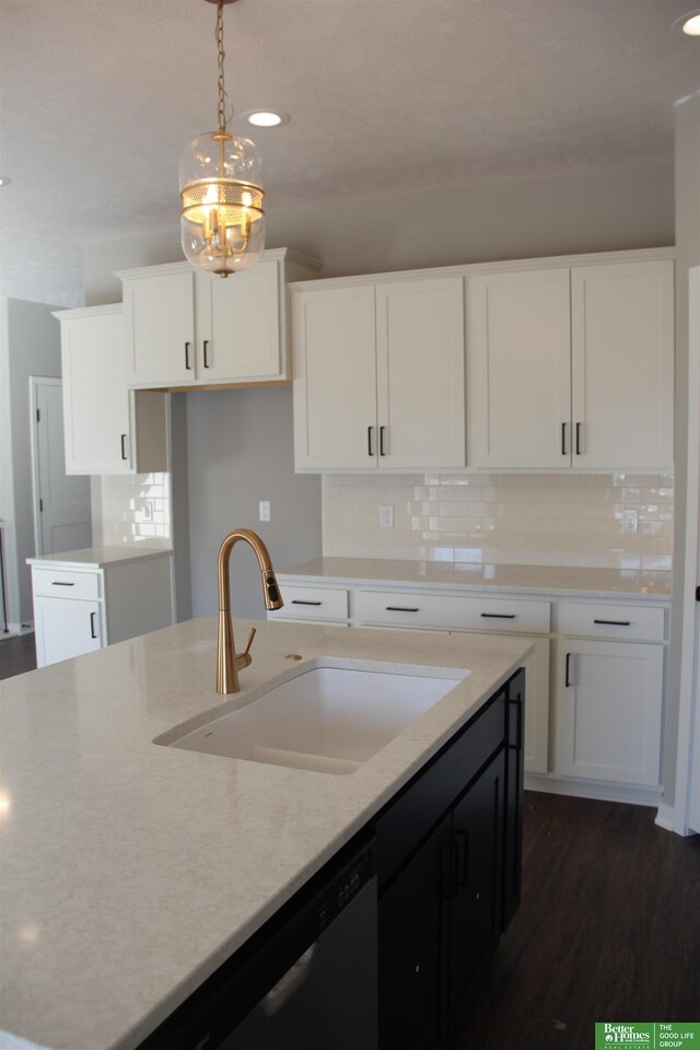 17521 Clay St, Elkhorn, NE 68007 - kitchen with a sink, dishwasher, backsplash, white cabinets, and dark wood finished floors