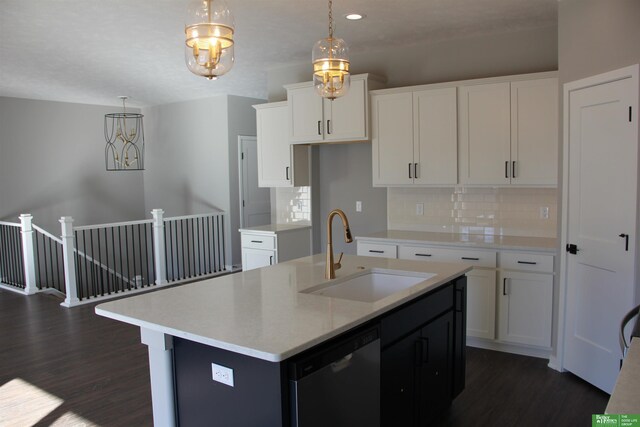 17521 Clay St, Elkhorn, NE 68007 - kitchen featuring a sink, dishwashing machine, dark wood finished floors, decorative backsplash, and light countertops