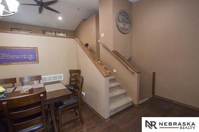 14311 Oldfield St, Waverly, NE 68462 - dining room featuring wood finished floors, ceiling fan, stairway, baseboards, and a chandelier