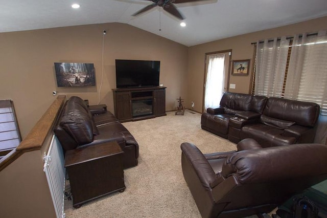 14311 Oldfield St, Waverly, NE 68462 - living area with a ceiling fan, carpet floors, vaulted ceiling, recessed lighting, and a glass covered fireplace