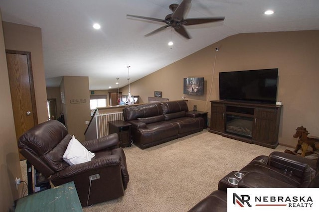 14311 Oldfield St, Waverly, NE 68462 - carpeted living room with a ceiling fan, vaulted ceiling, and recessed lighting