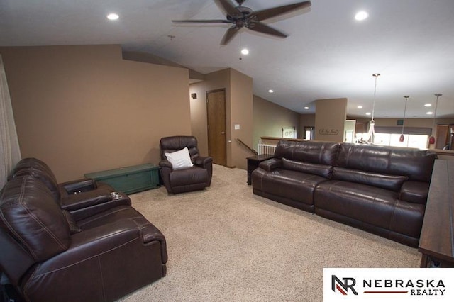 14311 Oldfield St, Waverly, NE 68462 - carpeted living area featuring a ceiling fan, lofted ceiling, and recessed lighting