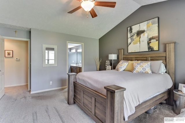 16315 Craig Ave, Bennington, NE 68007 - bedroom featuring baseboards, light colored carpet, ceiling fan, ensuite bathroom, and lofted ceiling