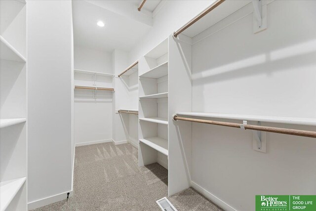 walk in closet featuring light colored carpet
