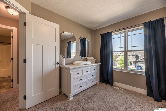 bathroom with carpet floors, vanity, baseboards, and a textured ceiling
